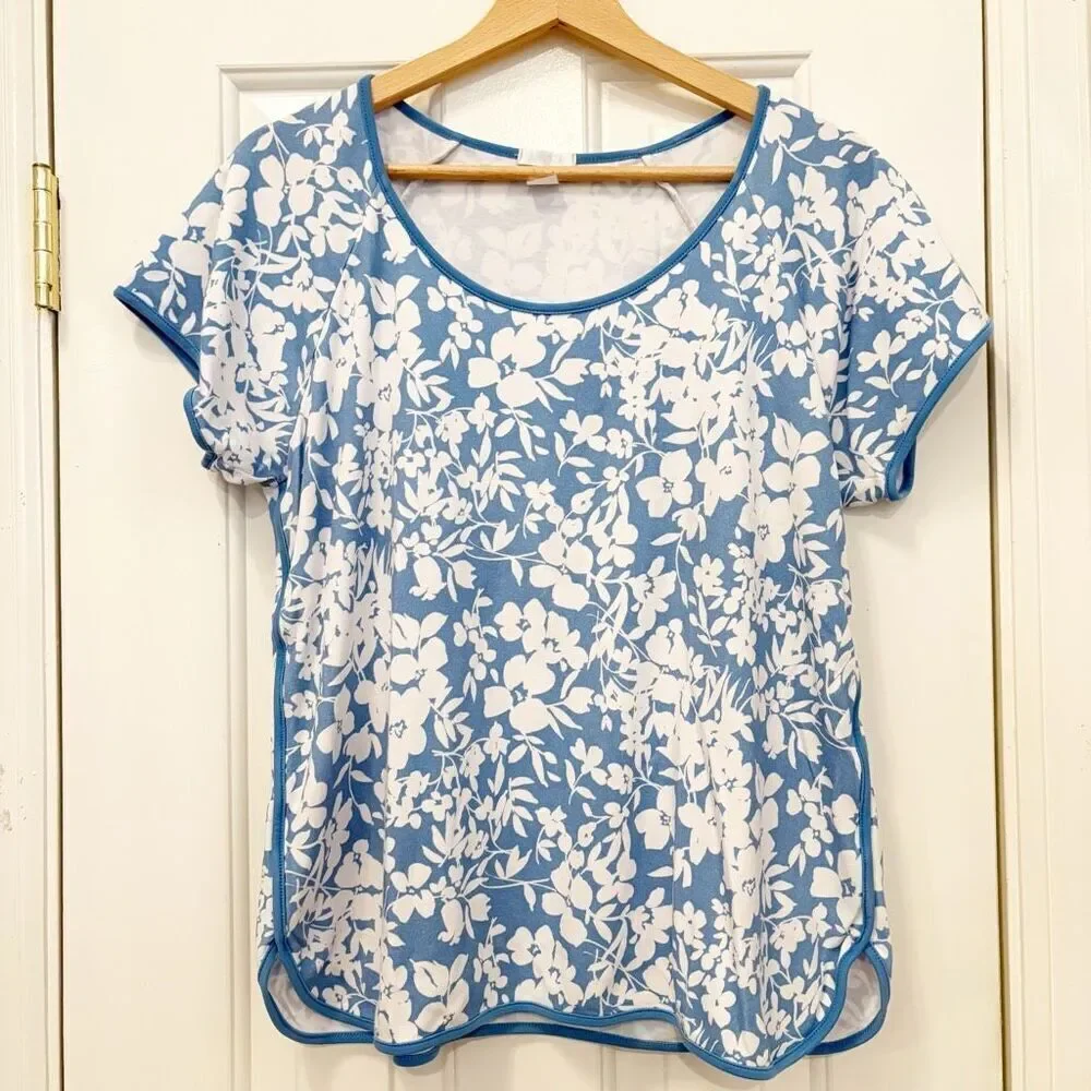 LAKE Pajama Top 100% Pima Cotton Blue Floral Size L